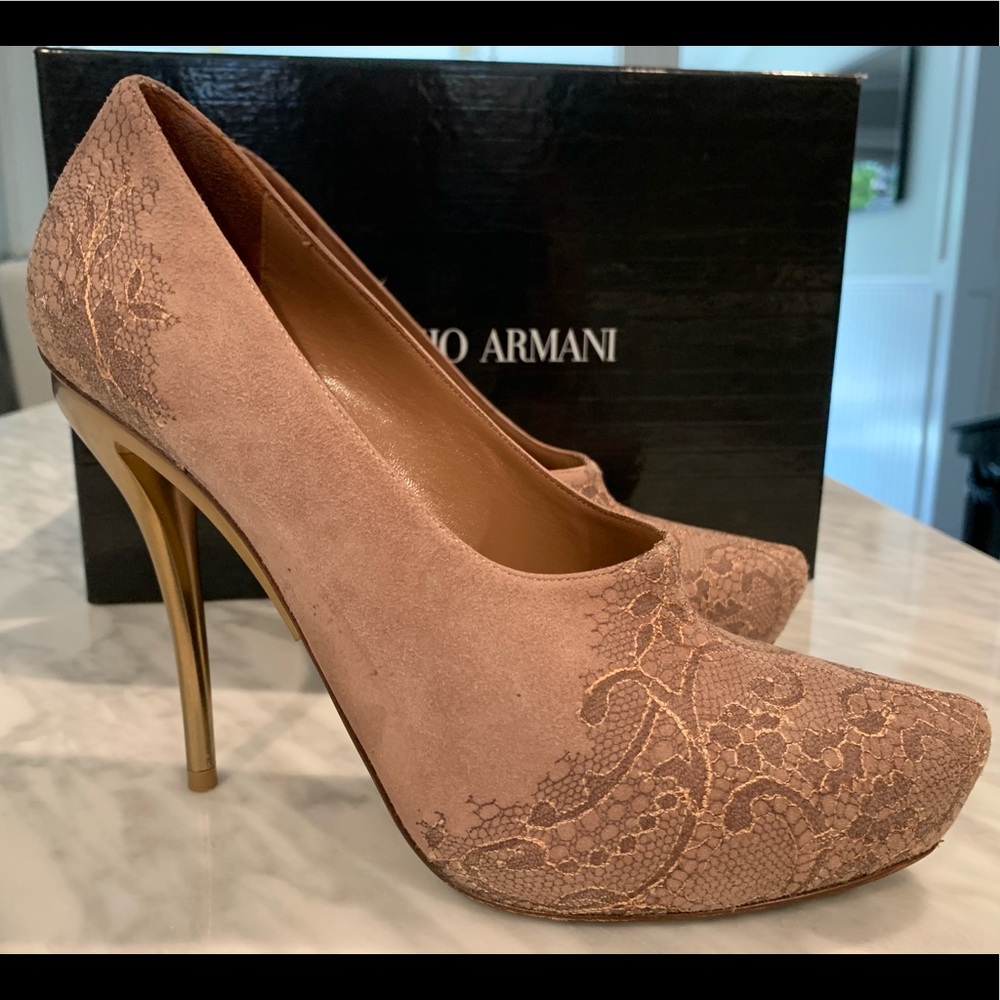 Giorgio Armani Rose Suede Pump with Gold Heel